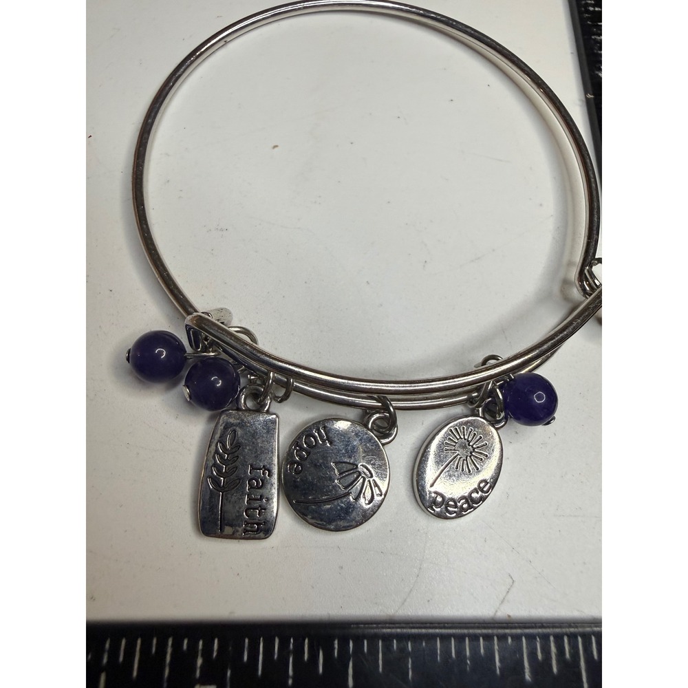 Silver Tone Faith Hope Peace Charm Bangle Bracelet Purple Beads Adjustable